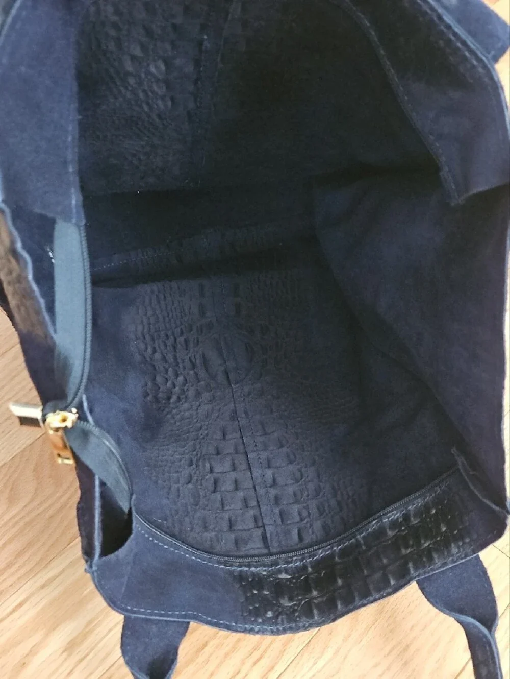 Navy Suede Tote with Black Croc Embossed Center